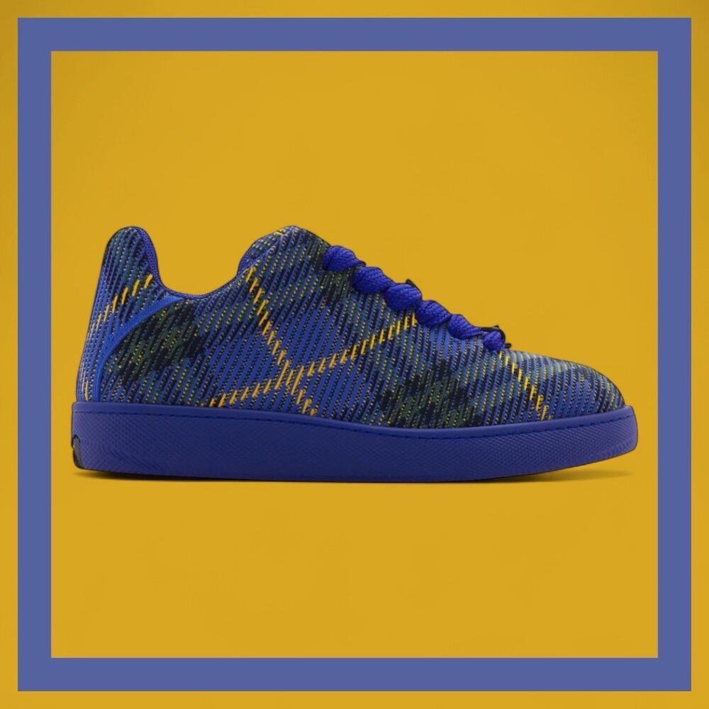 NIB BURBERRY BOX NAVY BLUE CHECK CANVAS LOGO PLATFORM SNEAKERS 11 US 44 ITALY - Picture 3 of 16